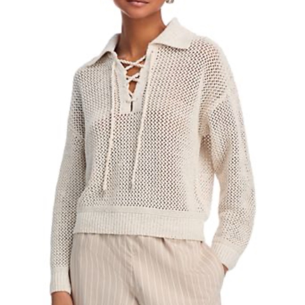 Joie Coastal Vibes Textured Shimmer Crochet Lace-Up Pullover Sweater Medium